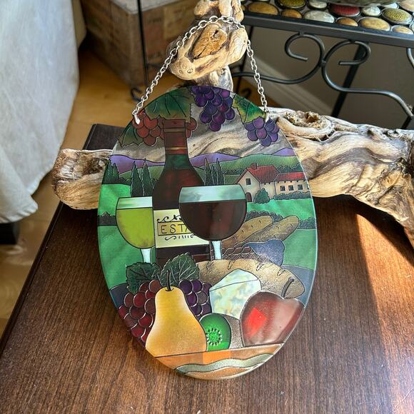 Vintage Joan Baker Hand Painted Glass Suncatcher Wine & Cheese - Picture 1 of 7